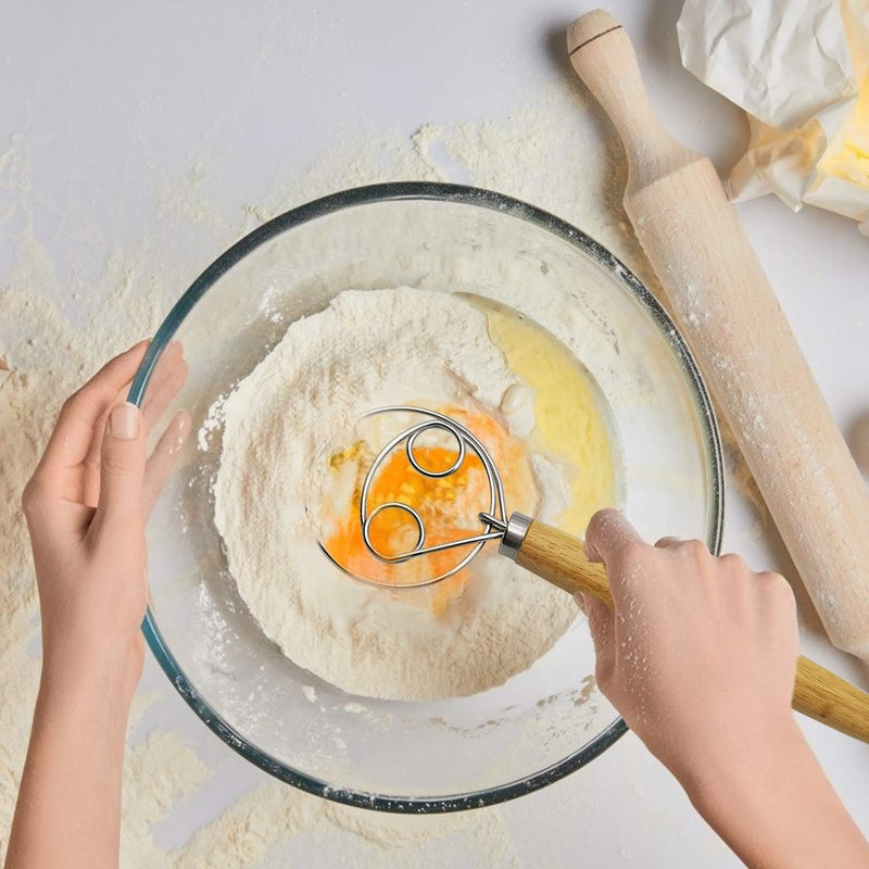 Listenman â€‹Listenman Danish Dough Whisk Bread Mixer & Egg Whisk Kits, 2 Pack Premium Stainless Steel Dutch & 1 Pack Hand Push Rotary Blender for Pastry Pizza Dough, with a Dough Scraper for Breadâ€‹ - Image 3